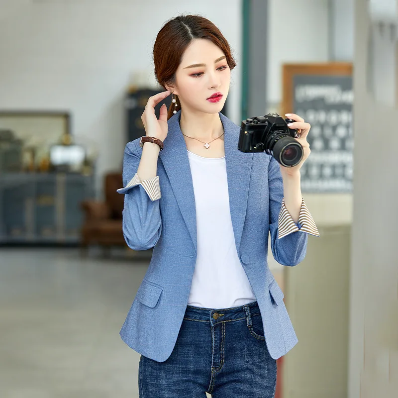 Синий Блейзер костюм пальто женская одежда для работы верхняя осень Новинка
