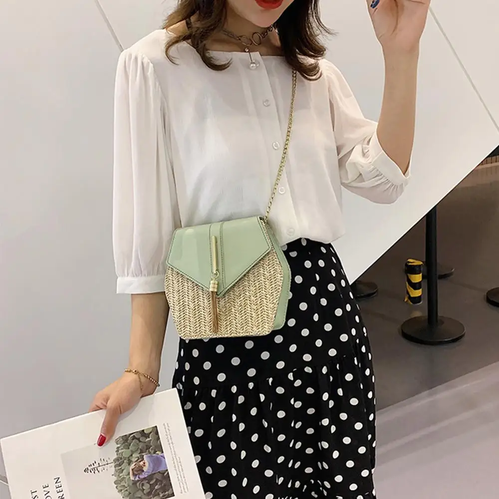 Женская соломенная сумка в стиле шестиугольника + Кожаная из ротанга плетеная