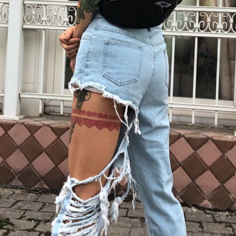 

GALCAUR Streetwear Hole Hollow Out Blue Jeans For Women High Waist Patchwork Tassel Casual Pants Female 2020 Autumn Fashion New