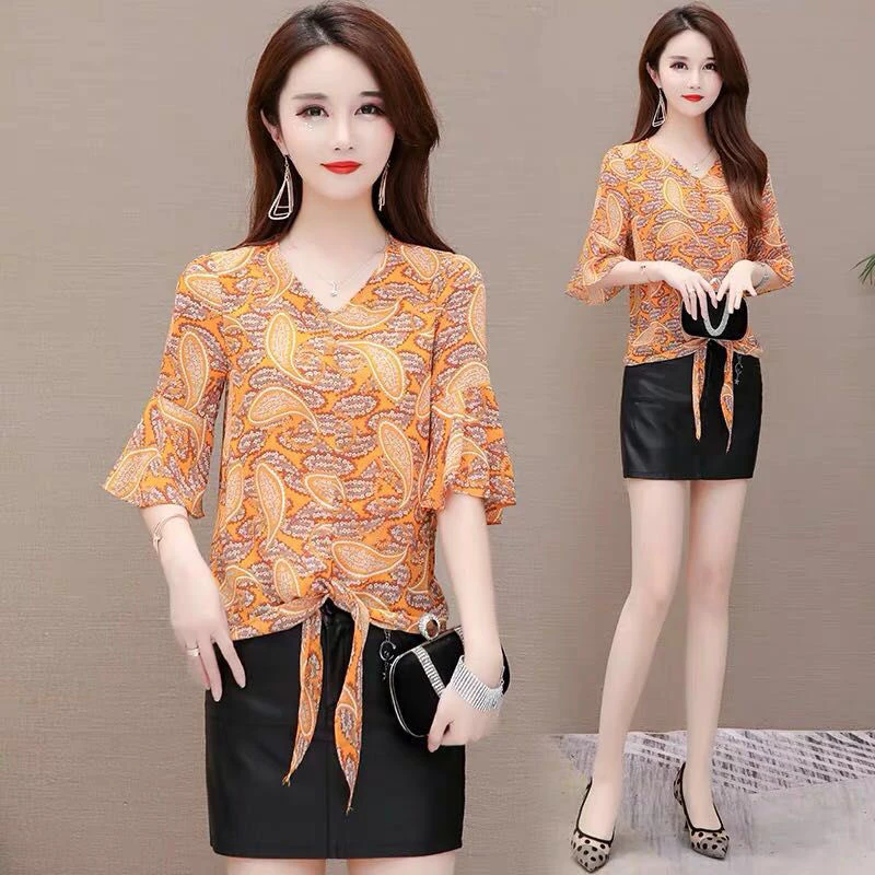 Женская шифоновая блузка с цветочным принтом и V-образным вырезом | одежда