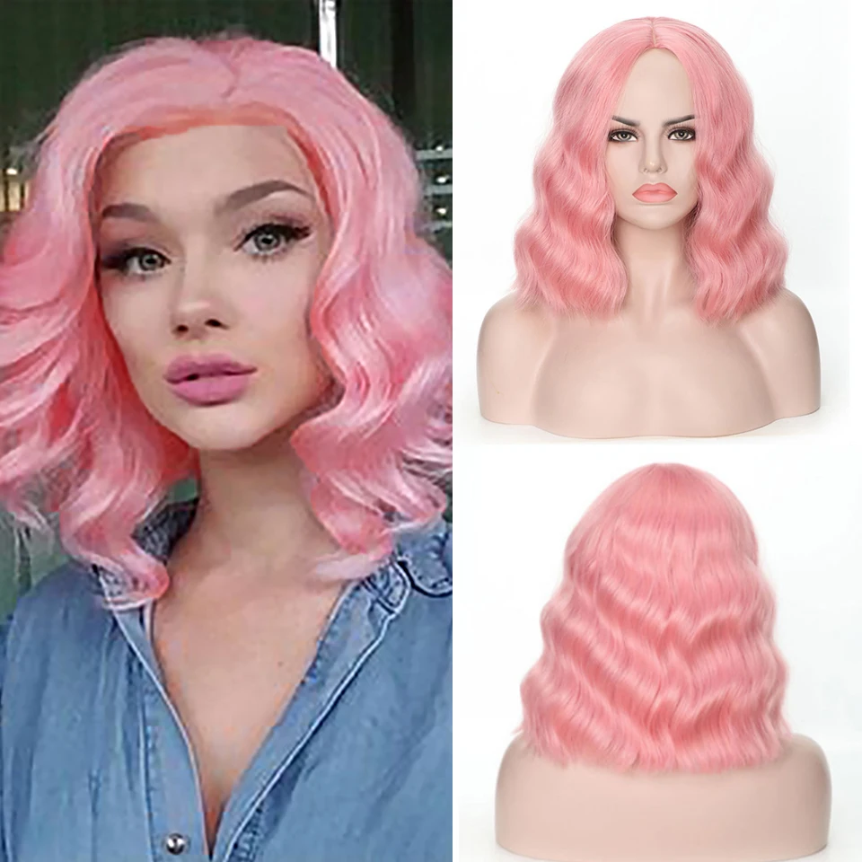 Бесплатная доставка розовые синтетические парики для женщин волнистые короткие