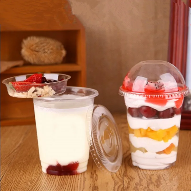 

50pcs 14oz 400ml transparent yogurt cup cold drink juice milk tea coffee plastic cups party favor dessert cup with plate and lid