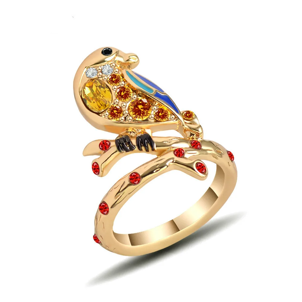Fashion Women's Red Orange Gold Zircon Crystal Bird Flower Ring Hummingbirds Animal Wedding Engagement Boho Jewelry Gift | Украшения и
