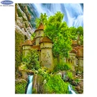 Алмазная 5D картина, полноразмерная мозаика с изображением водопада, замка, вышивка стразами, пейзаж, мозаика, Декор