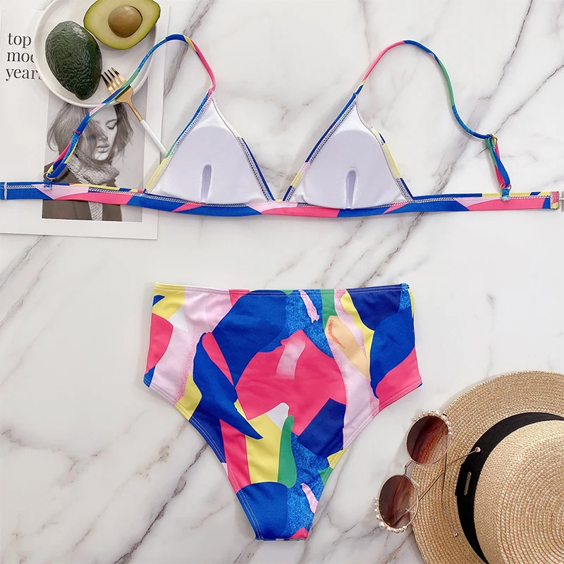 

MYTENG Color Block Swimsuit Bikinis Swimming Suit For Women High Waist Swimwear Sexy Push Up Beachwear 2021 Mujer New Biqiuni