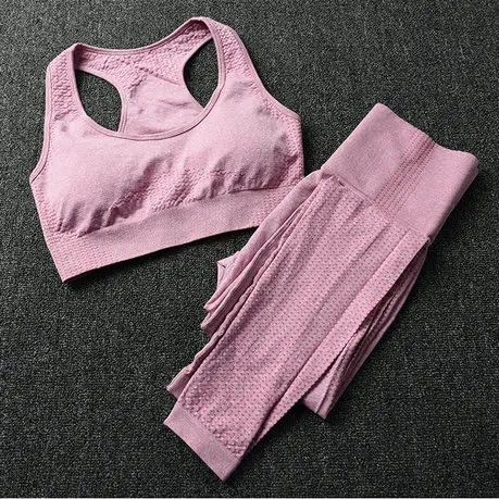 Pink Bra 2Pcs Женский бесшовный комплект для йоги, колготки, мягкий спортивный бюстгальтер пуш-ап+ укороченный топ с длинными рукавами+ леггинсы для фитнеса с высокой талией, спортивный костюм для фитнеса - Цвет: Pink Bra 2Pcs