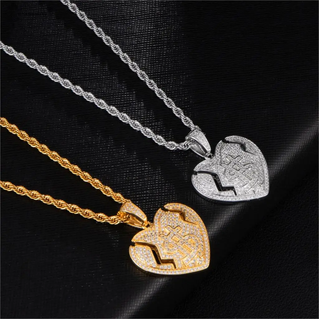 Хип хоп Bling Блестящий Iced Out микро проложили CZ разбитое сердце со знаком доллара