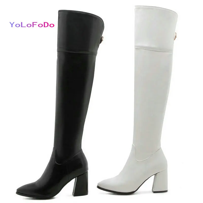 

Женские ботфорты с острым носком, сапоги до бедра из искусственной кожи на высоком устойчивом каблуке, с боковой молнией, Осень-зима 2021