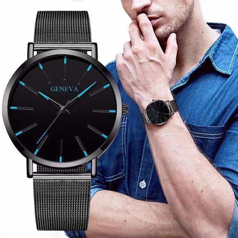 

Explosion Quartz Watch Fashion Korean Version of Blue Needle Business Watch Male Manufacturers Supply Net Belt Men's Watches