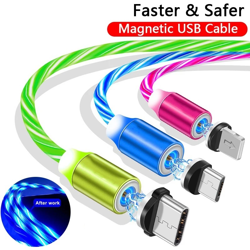 

1m Magnetic charging Mobile Phone Cable USB Type C Flow Luminous Lighting Data Wire for Samsung Huawei LED Micro Cable