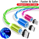 1 м Магнитный зарядный мобильный телефон кабель USB Type C поток светящийся провод для передачи данных для Samsung Huawei LED Micro Cable