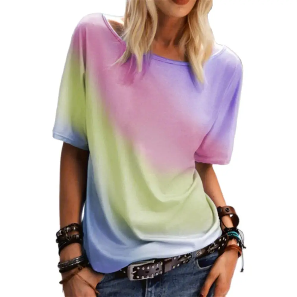 

New Summer Women's Fashion Casual O-Neck Short Sleeve T-Shirt Gradient Color Printing Shirts Lady Casual Loose Plus Size Top