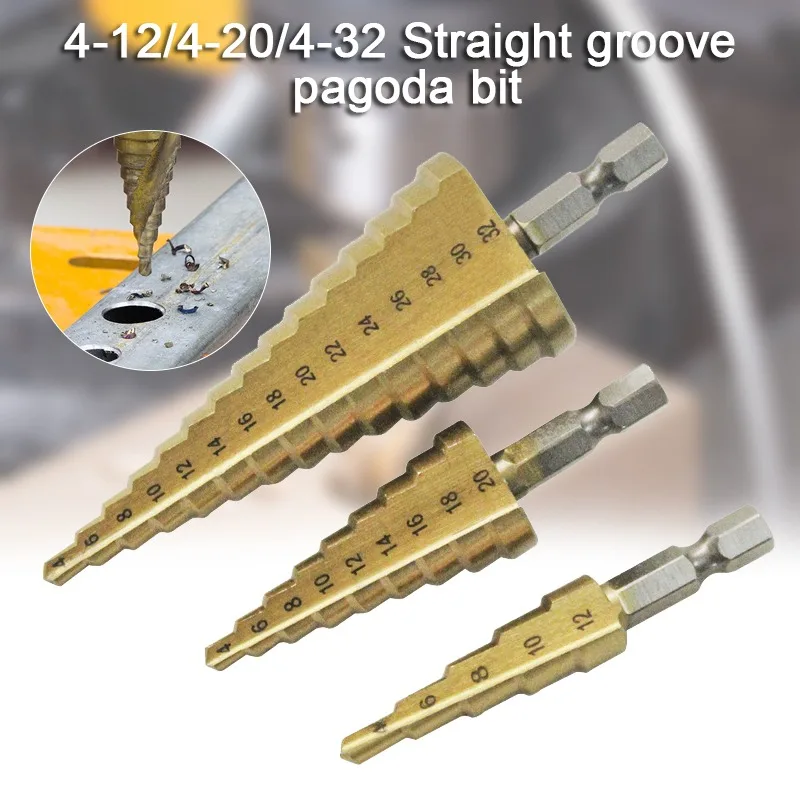 

Step Drill 4-32mm Coated Pagoda Shape Step Drill Bit HSS Shank Hole Drill Cone Drill Bit