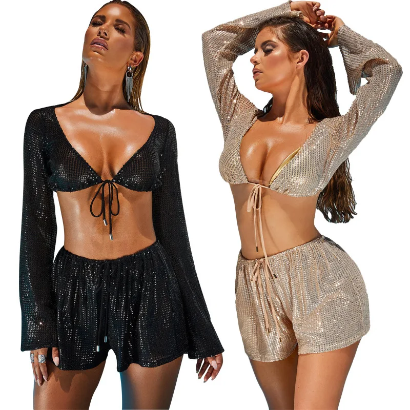 

Women 2 Pcs Set V-Neck Sexy Slim Top Long-Sleeved + Shorts Drawstring Sports Stretch Summer Autumn Breathable Fitness Suit