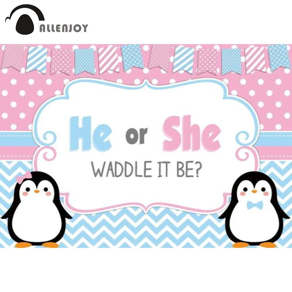 

Allenjoy Gender Reveal Backdrop Penguin Pink Blue Boy Girl Birthday Baby Shower Newborn Party Photozone Background Photobooth