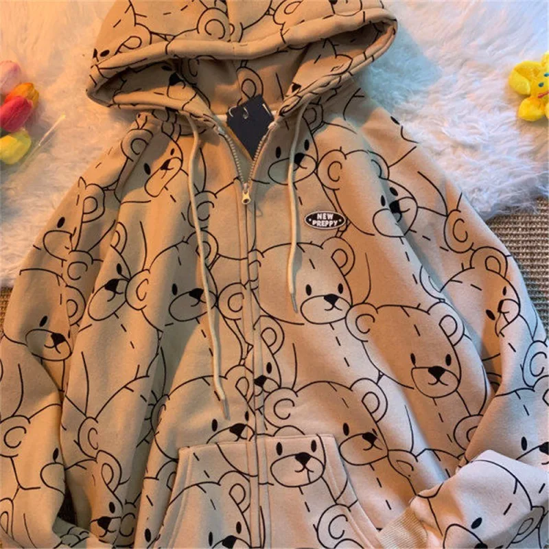 Vintage Long Sleeve Hoodie Sweetshirt Clothes Women 2021 Fashion Zip Up Cute Bear Hoodies Autumn Winter Coat Loose Harajuku Top