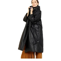 sheepskin down jacket winter womens brand warm loose genuine leather long down coat female black oversize hooded outerwear