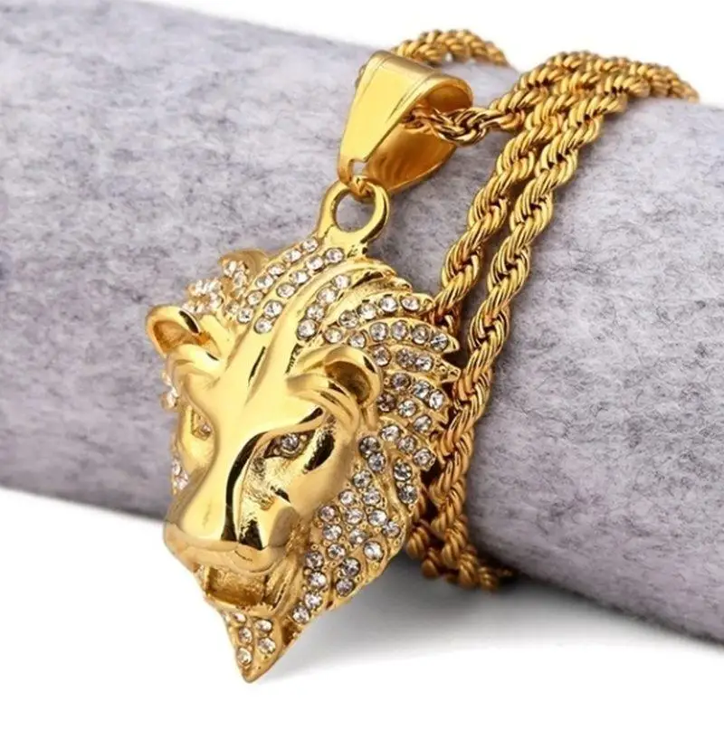 

Fashion Classic Gold Color Zircon Lion Head Necklace Men Pendant Necklace Hip Hop Casual Jewelry Gift