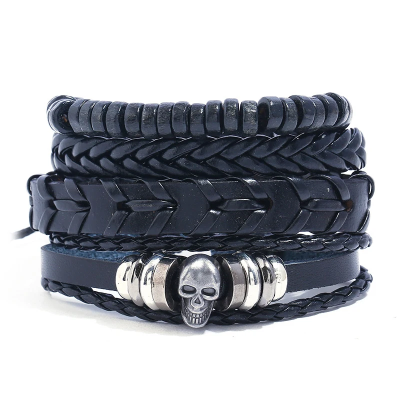 

Jessingshow New 4 Pcs/set Weave Vintage Punk Wood Beads Male Women Skull Men Leather Charm Bracelets Female Homme Jewelry Gift