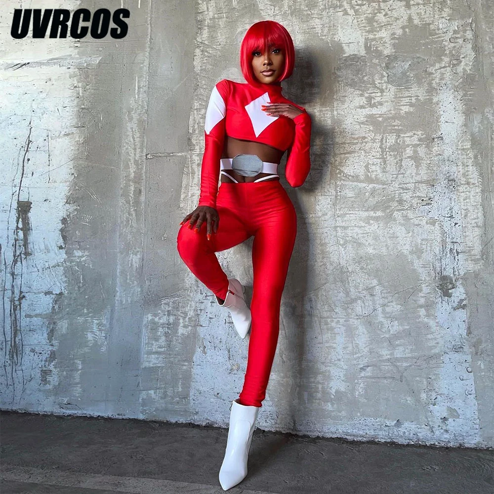 

Женские спортивные костюмы UVRCOS из двух предметов, женские топы с длинным рукавом и высоким воротником со вставками и высокой талией, эласти...