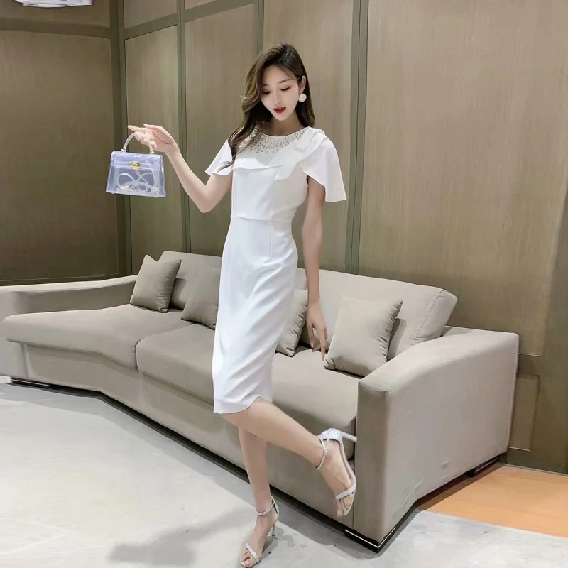 

Elegant Summer Designer Beading Ruffles Solid Pink Pencil Office Party Dresses for Women 2021 New Fashion Female Clothing