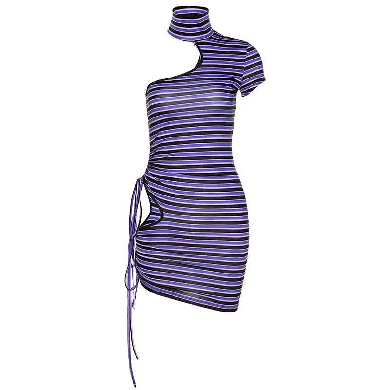 

2021 Summer Fashion Women's New Products Round Neck Irregular Striped Drawstring Sexy Slim Fit Stitching Bag Hip Inner Dress