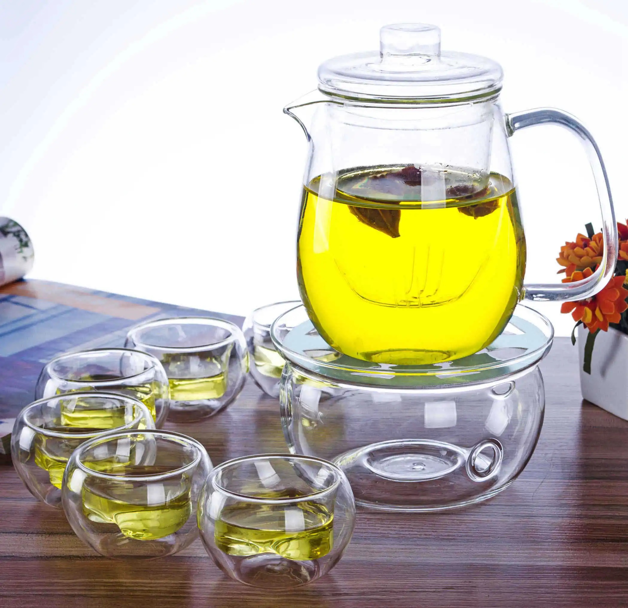 Фото 1x Tea Set C -750ml Heat-Resisting Glass pot+6*Cups+ Round Shape Warmer Дом и сад 1x Tea Set C -750ml Heat-Resisting Glass pot+6*Cups+ Round Shape Warmer Дом и сад