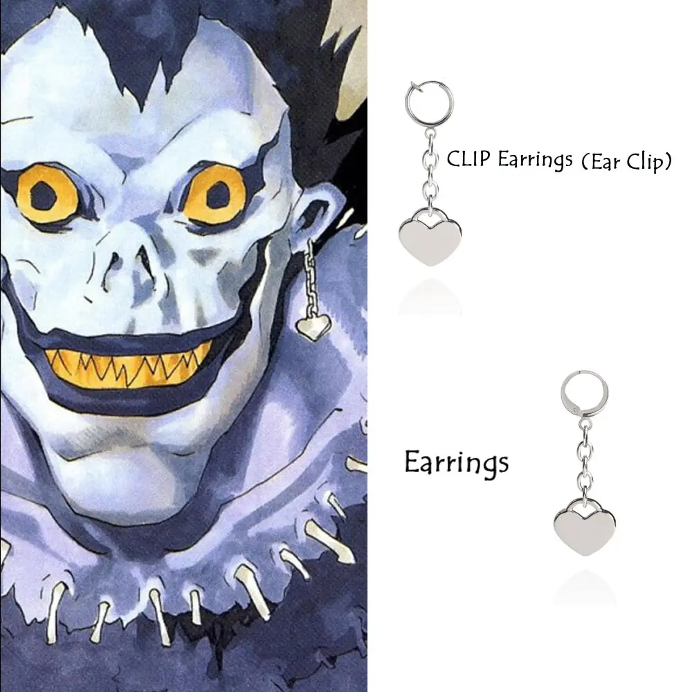Anime Death Note Earrings Ear Clip Ryuk Drop Cosplay 1:1 Heart Silver Color Pendant Earrings For Woman Man Accessories Gifts