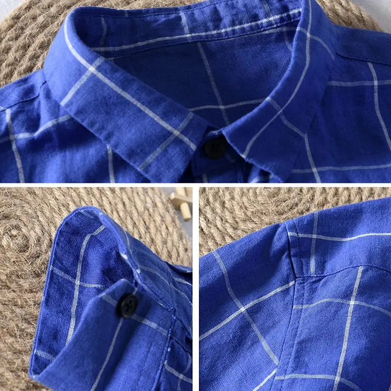 Мужская клетчатая рубашка с длинным рукавом повседневная приталенная из 100% льна