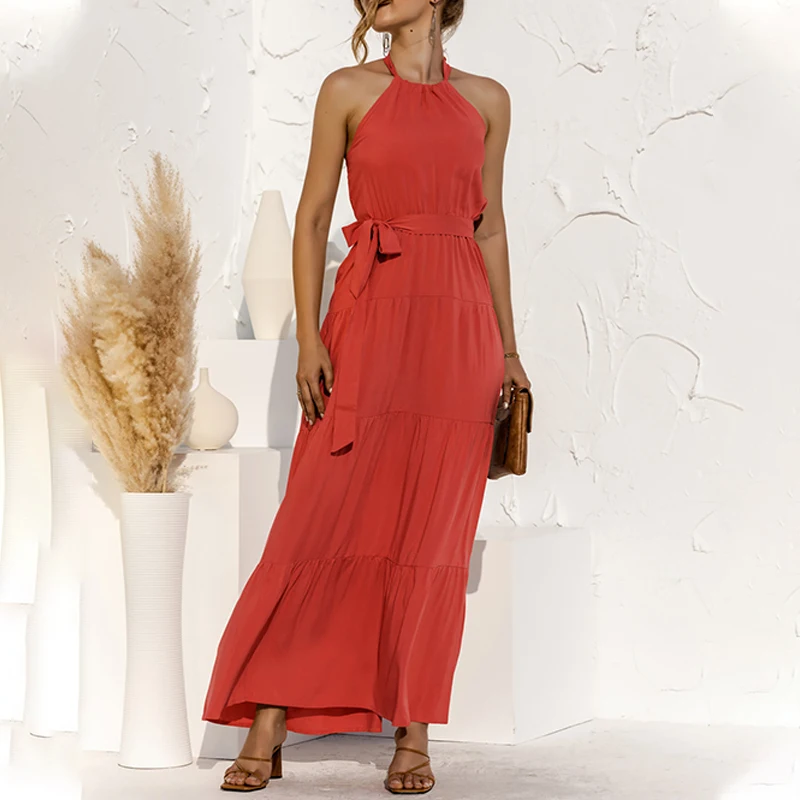 

Женское богемное платье-макси без рукавов, однотонное элегантное винтажное праздничное длинное платье-трапеция с оборками и лямкой на шее, ...