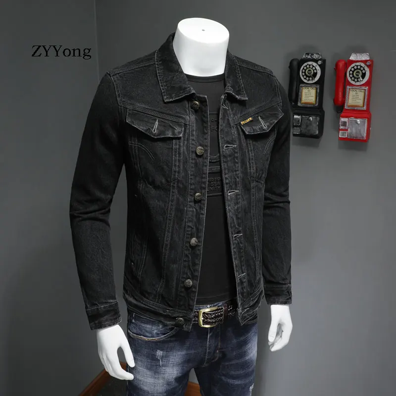 Европейский Стиль однобортный бомбер пилот черная джинсовая куртка Мужские
