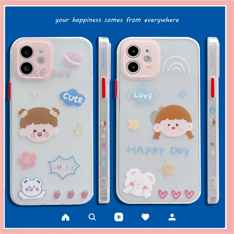 

Cute Boy Girl Phone Case For iPhone 11 12 Pro Max Mini XR XS Max 7 8 Plus X SE2020 Side Printing Clear Couples Soft Back Cover