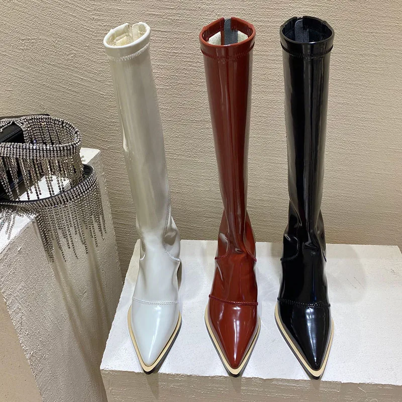 Женские сапоги Челси до колена Stovepipe кожаная обувь из жапанной кожи длинные туфли