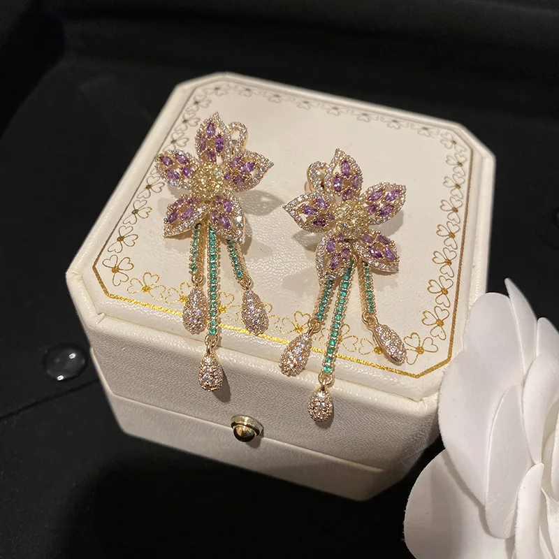 

2021 New High Quality Cubic Zircon Zircon Purple Flower Earrings Exquisite Water Droplets Tassel Banquet Party For Women Jewelry