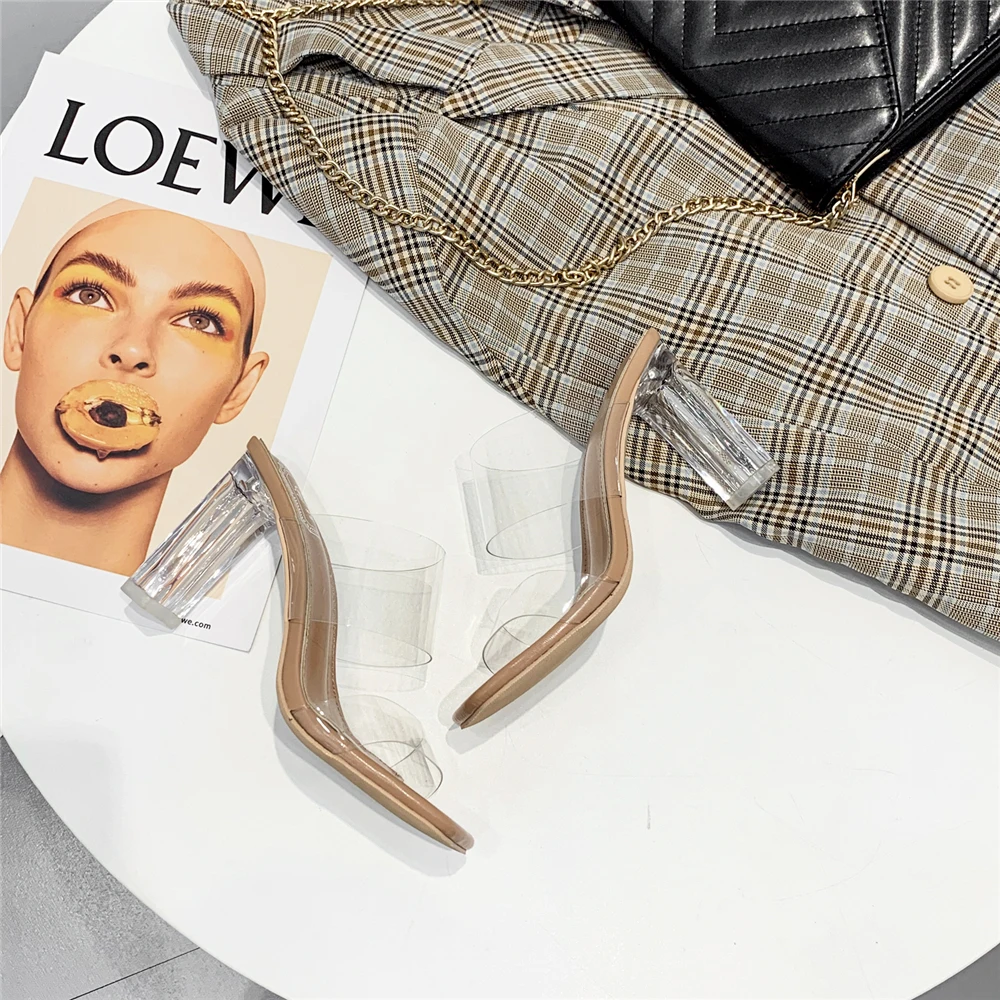 Летние женские босоножки на высоком каблуке 10 см с кристаллами прозрачные