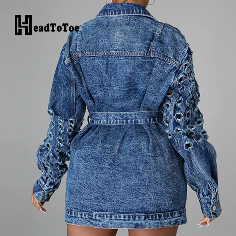 

Solid Hole Sashes Button Streetwear Fashion Denim Jacket Full Sleeve Turn Down Collar Above Knee Loose Dresses Women