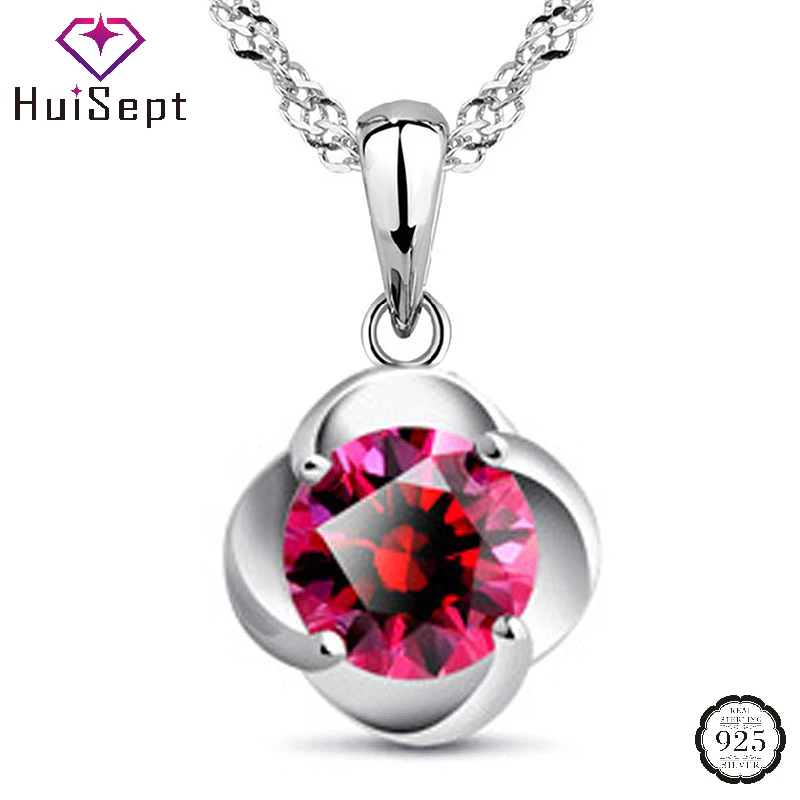 

HuiSept Silver 925 Jewelry Necklace with 7mm Round Ruby Gemstone Pendant Ornaments for Women Wedding Party Promise Bridal Gifts