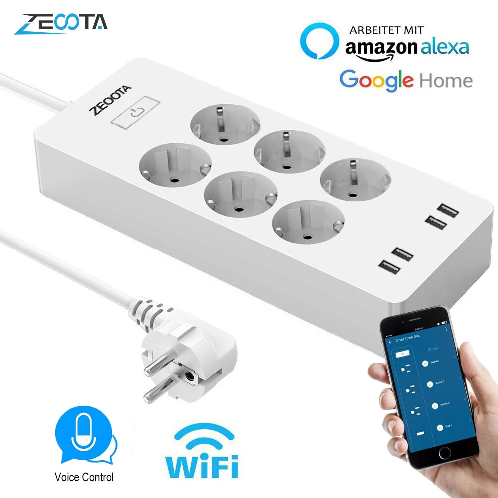 WiFi умная силовая полоса ЕС Сетевой фильтр с 6 разъемами 4 USB порта умный дом переключатель управления совместимый с Alexa Google Assistant