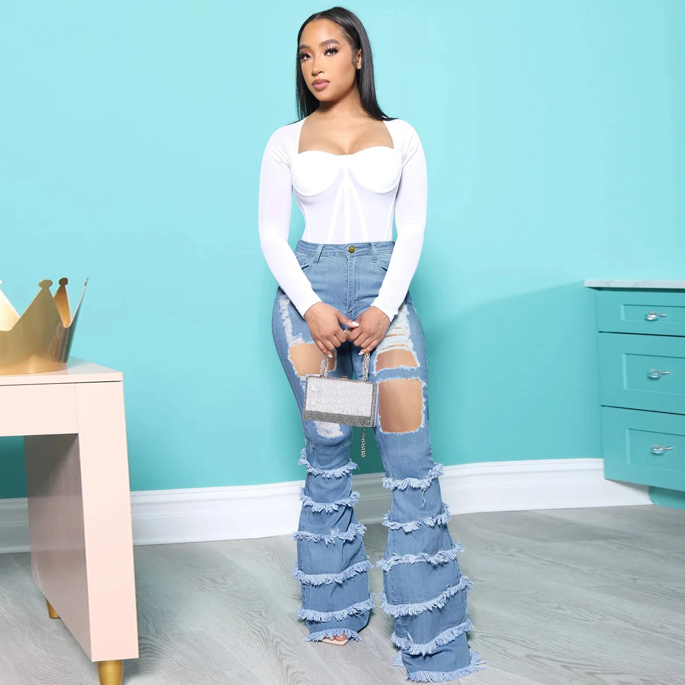 

Women Ripped Jeans High Waist Clothe Flared Denim Clothing Fashion Big Hole Denim Cake Pants 2021 Fashion Harajuku Casual Pants