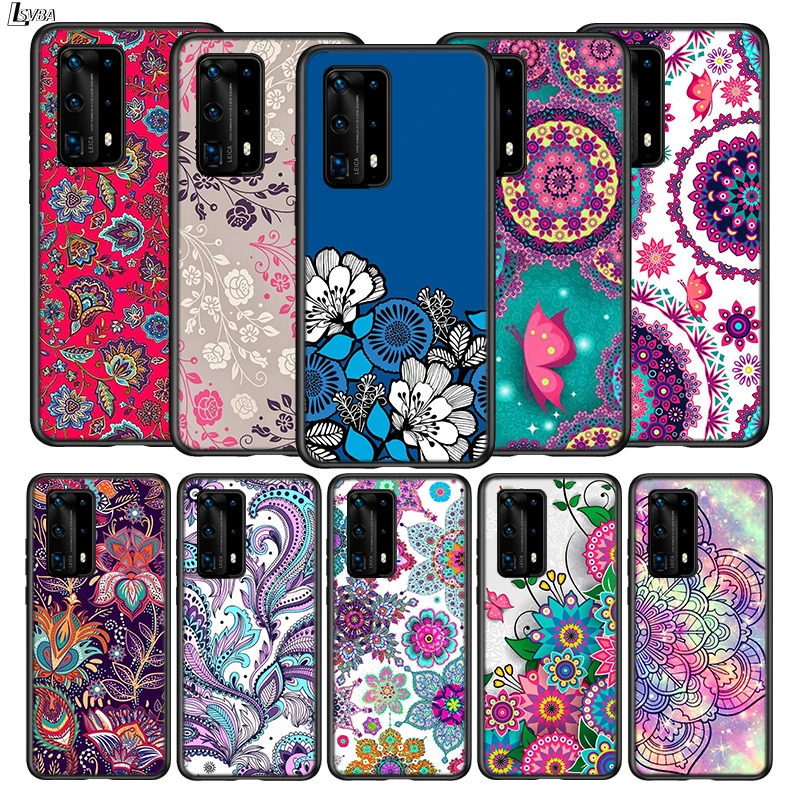 

For Huawei P40 P30 P20 Pro Lite E Plus 5G Bright Black Cover Floral Mandala Flower For Huawei P10 P9 P8 Lite Phone Case