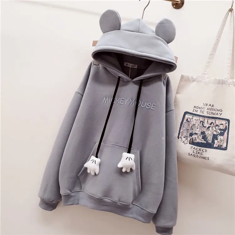 

The girl in the sweater Han Feng cute student casual cute bear ear Pink Fleece hooded loose coat