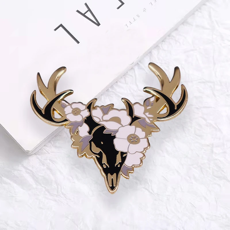 Брошь В Виде Цветка и оленя черепа сочетающаяся с черепом значок оленьими рогами