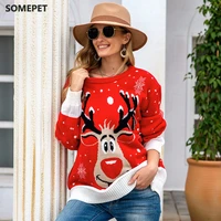 winter christmas deer sweaters woman long knitted warm sweater casual streetwear o neck long sleeve sweater winter clothes