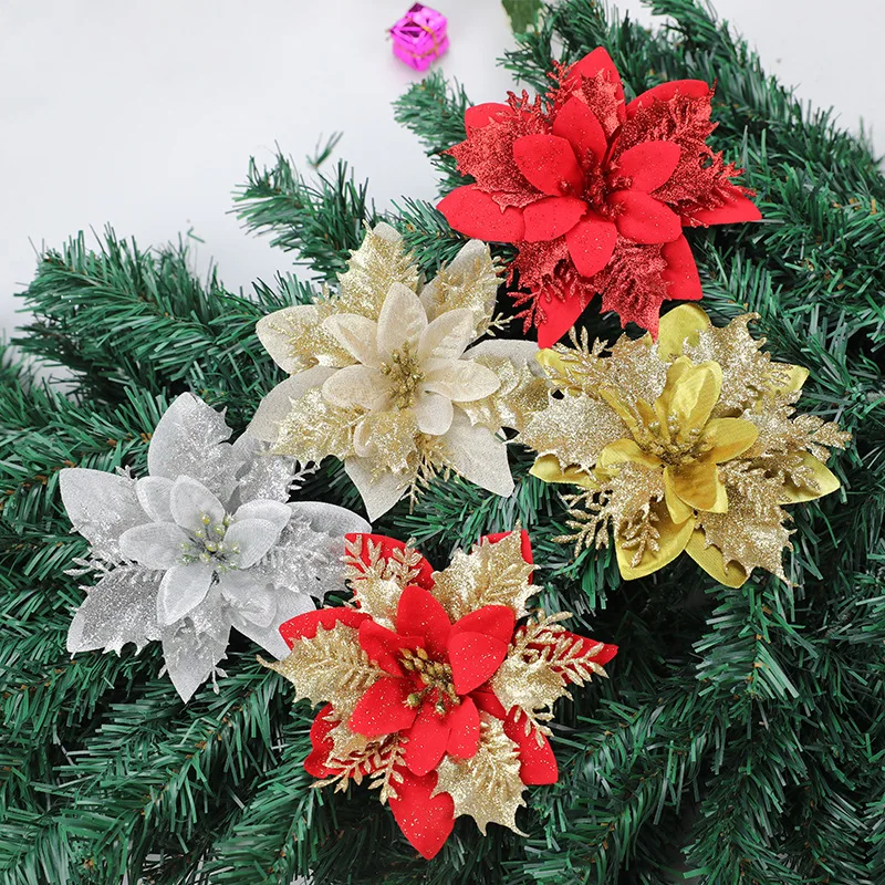 

10pcs Christmas Flowers Glitter Artificial Flowers DIY Tree Decoration Merry Christmas Xmas Trees Ornaments for Home Decor