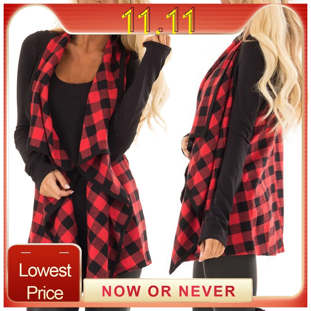 Женский Повседневный клетчатый жилет без рукавов с отворотом кардиган туника