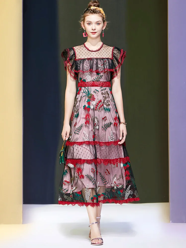 

Summer New Style Mesh Heavy Embroidery Lace Ruffled Sleeve Waist Long Dress for Women