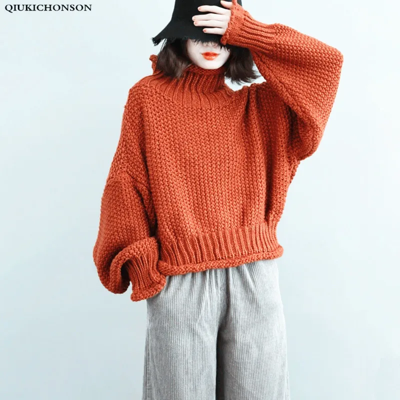 Размера плюс Свитеры с высоким воротом женские осень-зима в винтажном стиле С