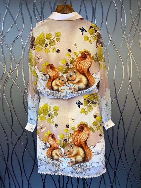 

2021 spring new women's lapel butterfly pattern printing long-sleeved top + half skirt printing 2-piece set 228