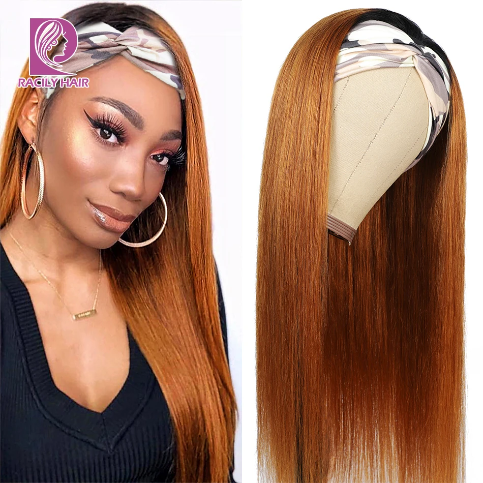 

Racily Hair Straight Headband Wig Machine Made Brazilian Scarf Wig For Black Women Glueless Ombre Human Hair Wigs With Headband