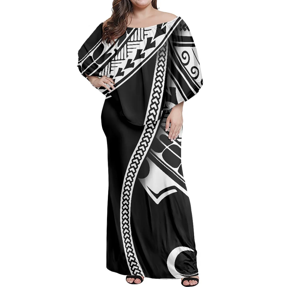 

Polynesian 2022 Fall Dress Women Holiday Elegant Hawaii Tribal Tattoo Print Sleeveless Slash Collar Vintage Party Maxi Robes